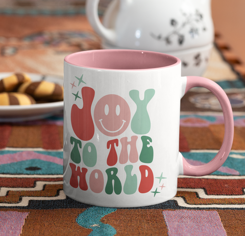 retro style 1970s Christmas mug, Fa La La La, Joy to the world, retro christmas, pink mug, happy face mug