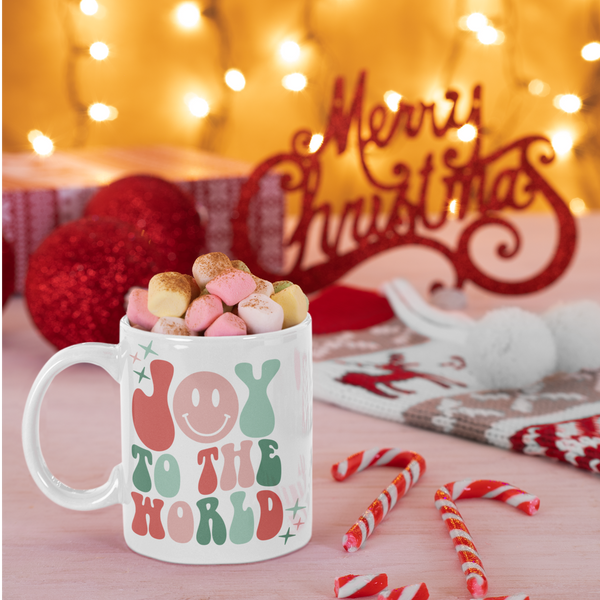 retro style 1970s Christmas mug, Fa La La La, Joy to the world, retro christmas, pink mug, happy face mug
