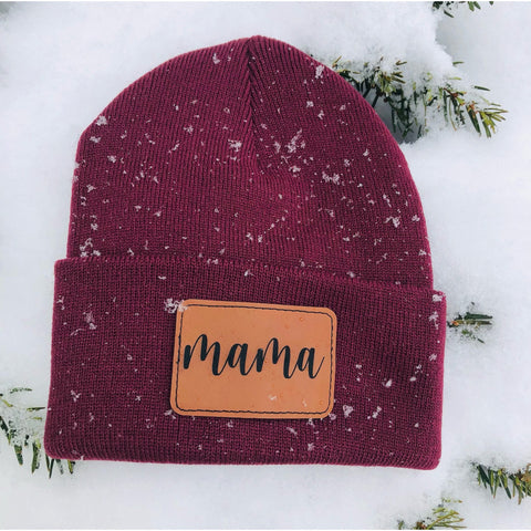 mama bear, mama beanie, mama leather patch winter hat, mama beanie, leather patch hat