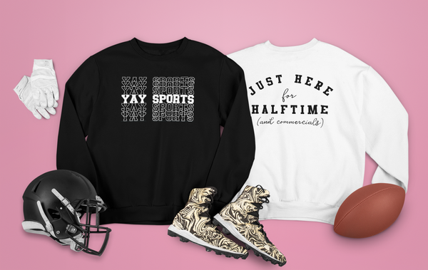 just here for halftime, superbowl sweatshirts, superbowl part shirt, with love louise